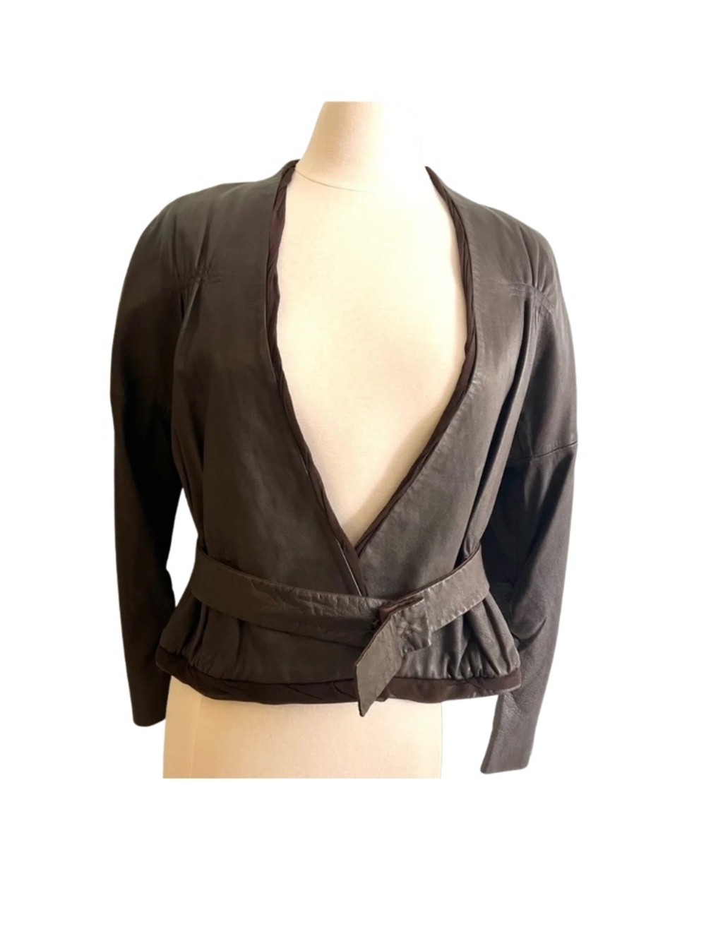 BCBGMAXAZRIA Brown 100% Leather Belted Peplum Jacket Size Large